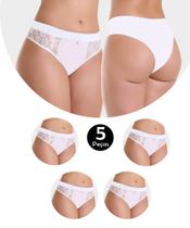 Kit 5 Calcinha Elástico Cós Alto Cintura Alta Em Microfibra E Renda Manu Branco - IMI LINGERIE