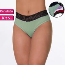 Kit 5 Calcinha Tanga Fio Canelada Cintura Renda Feminino Adulto