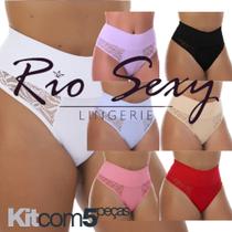 Kit 5 Calcinhas Cintura Alta Microfibra detalhe Renda Conforto Dia a Dia Tanga
