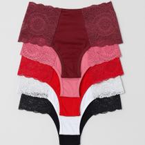 Kit 5 Calcinhas Cintura Alta Microfibra Renda