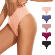 Kit 5 Calcinhas Cós Alto Fio Dental Sem Costura Corte a Laser Alta Compressão Cintura Alta