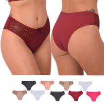 Kit 5 Calcinhas Plus Size Cintura Alta Algodão Cotton e Renda nas Laterais Modelagem grande