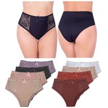 Kit 5 Calcinhas Plus Size Cós Alto Microfibra com Renda Laterais Largas Colçola Senhora Atacado