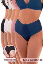 Kit 5 Calcinhas Tradicional Lateral Larga Azul Atalaia, Rosê, Base, Branco e Preto