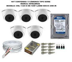 Kit 5 Câmeras Segurança VHC 1120D Hd 720 bullet Intelbras + cabos conectores C/Hd 250gb