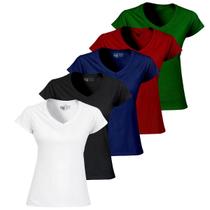 Kit 5 Camiseta Feminina Blusinha Algodão Gola V Manga Curta