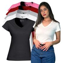 Kit 5 Camiseta Feminina Blusinha Algodão Gola V Manga Curta