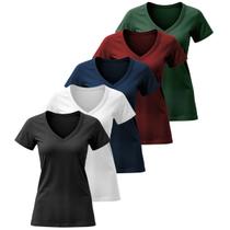 Kit 5 Camiseta Feminina T-shirt Algodão Basicas Lisas Gola V Manga Curta