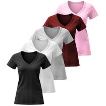 Kit 5 Camiseta Feminina T-shirt Algodão Basicas Lisas Gola V Manga Curta