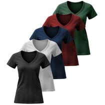 Kit 5 Camiseta Feminina T-shirt Algodão Basicas Lisas Gola V Manga Curta