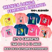 Kit 5 Camisetas Femininas Infantil Manga Longa 100% Algodão Kit 5 Camisetas Femininas Infantil Manga Longa 100% Algodão