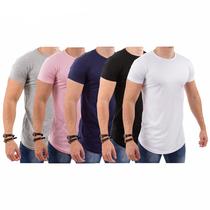 Kit 5 Camisetas Masculinas Camisa Blusa Longline Corte Ajustado Slim Algodao Premium
