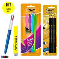 Kit 5 Canetas BIC 8 cores + Lápis Preto + Marca Texto Marking Qualidade BIC Ideal Uso Escolar Escritório Home Office