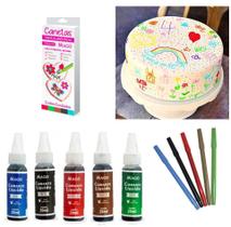 Kit 5 Canetas Tinta Alimentícia + 5 Corantes De 20 Ml Mago