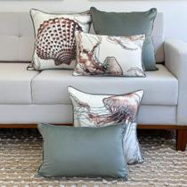 Kit 5 Capas Almofadas Linhão Branco Corais e Marés e Lisas Verde Claro