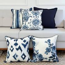 Kit 5 Capas Almofadas Linhão Branco Flores, Floras, Ikat, Listras e Linho Azul