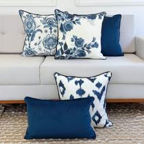 Kit 5 Capas Almofadas Linhão Floral, Ikat, Geométrica e Veludo Azul