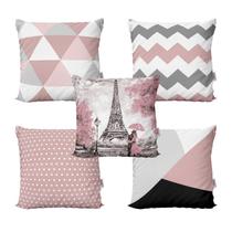 Kit 5 Capas Almofadas Rosa e Cinza Geométricas Decorativas Paris Para Sofá 40x40 - Novadecora