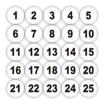 Kit 5 Cartelas Adesivos Numerados 1 A 25 Redondo Branco 3cm - Micro Oficina