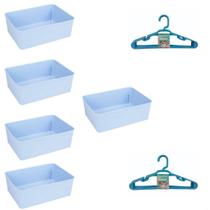 Kit 5 Cestos Multiuso Decorativo E 10 Cabides Infantis Azul