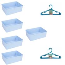 Kit 5 Cestos Multiuso Decorativo e 10 Cabides Infantis Azul