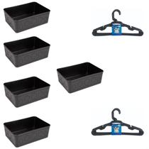 Kit 5 Cestos Multiuso Decorativo E 10 Cabides Infantis Preto