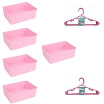 Kit 5 Cestos Multiuso Decorativo e 10 Cabides Infantis Rosa