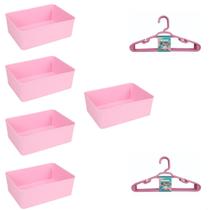 Kit 5 Cestos Multiuso Decorativo E 10 Cabides Infantis Rosa