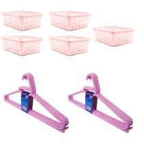 Kit 5 Cestos Organizador Médio 20x15,5x6,5Cm+10Cabides Rosa