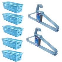 Kit 5 Cestos Organizador Retangular 28x11x8 Cm + 10 Cabides Azul
