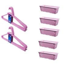 Kit 5 Cestos Organizador Retangular 28x11x8Cm + 10 Cabides Rosa