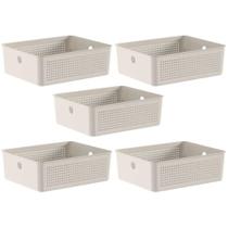 Kit 5 Cestos Organizadores Flow Bege 5,4L Empilháveis Lavanderia Escritório Banheiro