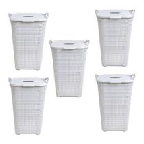 Kit 5 Cestos Rattan Grande C/ Tampa Basculada Branco-Arqplast