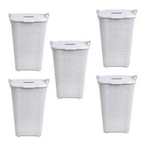 Kit 5 Cestos Rattan Grande Tampa Basculada Branco-Arqplast