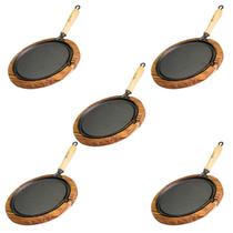 Kit 5 Chapas Bifeteira De Ferro Fundindo Redonda Lisa 22 Cm Com Tábua De Madeira Kit 5 Chapas Bifeteira De Ferro Fundindo Redonda Lisa 22 Cm Com Tábua De Madeira