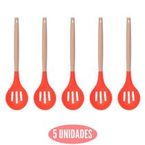 Kit 5 Colher Silicone Vazada Vermelho Cabo Bambu Não Arranha