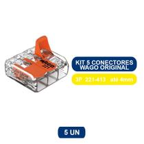 Kit 5 Conectores Terminal Wago Original - 3 Pólos 221-413 Para Cabos e Fios - Até 4mm