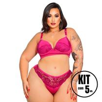 Kit 5 Conjuntos Calcinha e Sutiã Plus Size Fio Dental Rendado Fio Duplo