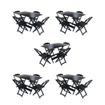 Kit 5 Conjuntos de Mesa Dobravel com 4 Cadeiras de Madeira 120x70 para Restaurante e Bar - Preto