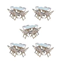 Kit 5 Conjuntos de Mesa Dobravel com 6 Cadeiras de Madeira 120x70 para Restaurante e Bar- sem Pintur