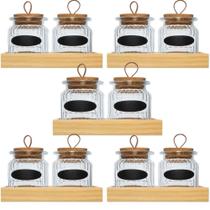 Kit 5 Conjuntos de Porta Temperos 260ml Lyor Bandeja Madeira com 2 Potes de Vidro