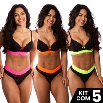 Kit 5 Conjuntos de Sutiã com Bojo com Detalhes Fluor e Calcinha Confortável