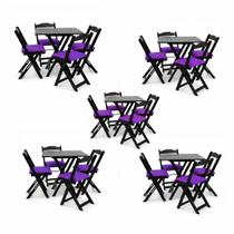 Kit 5 Conjuntos Dobráveis 70x70 Preto 5 Mesas 20 Cadeiras COM ESTOFADO ROXO Kit 5 Conjuntos Dobráveis 70x70 Preto 5 Mesas 20 Cadeiras COM ESTOFADO ROXO