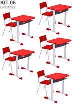 Kit 5 Conjuntos Escolar Individual Juvenil/Adulto com porta Livros cor Vermelho