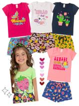 Kit 5 Conjuntos Infantil Menina Verão Blusa Manga e Shorts com Elástico Kit 5 Conjuntos Infantil Menina Verão Blusa Manga e Shorts com Elástico