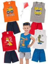 Kit 5 Conjuntos Infantil Menino Verão Camiseta Regata em Meia Malha e Bermuda em Moletinho com Elástico Kit 5 Conjuntos Infantil Menino Verão Camiseta Regata em Meia Malha e Bermuda em Moletinho com Elástico
