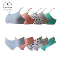 Kit 5 Conjuntos Lingerie Infantil Calcinha E Top Menina Algodão