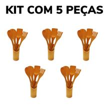 Kit 5 Conjuntos Talheres De Bambu com 5 peças (4 talheres + suporte) Peças Anti Fungos - KCB-06