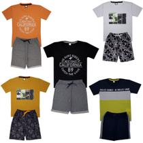 Kit 5 Conjuntos Verão Infantil Juvenil Masculino Camiseta reforço na gola e Bermuda Moletinho cadarço Roupa Menino Tamanhos 10 12 14 16