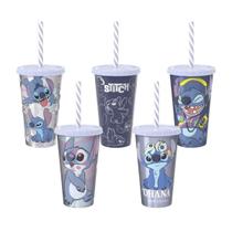 Kit 5 Copo Canudo Stitch 500 ml Tampa Lembrancinha Festa Infantil Aniversário Reutilizável Plástico